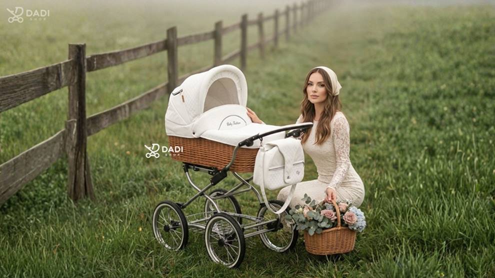 Kobieta w stylu retro przy wózku dziecięcym z wiklinową gondolą na łące podczas spokojnego spaceru.